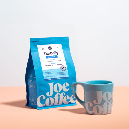 12oz daily bag with blue joe coffee ceramic mug