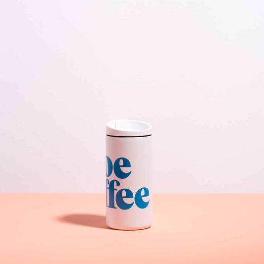 white mug, blue logo