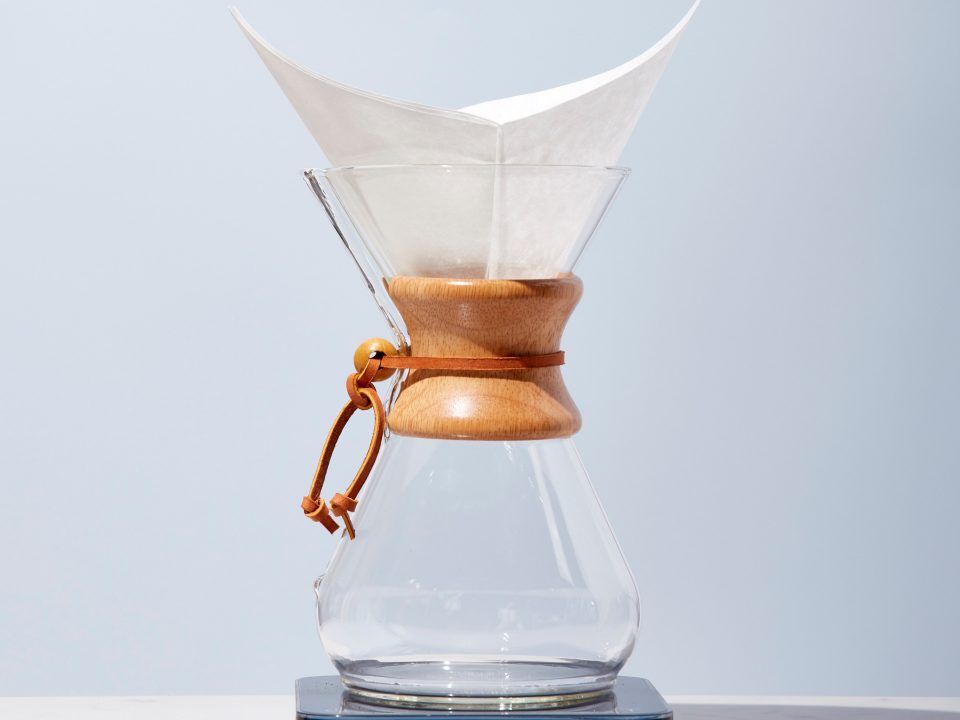 Chemex with filter sits atop a scale