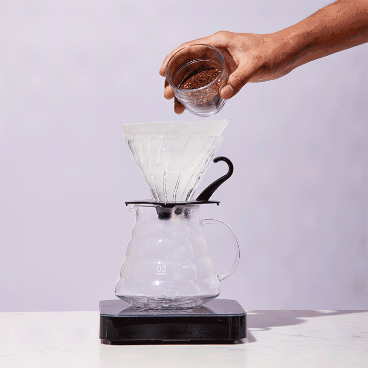 Pouring coffee grounds into V60 filter