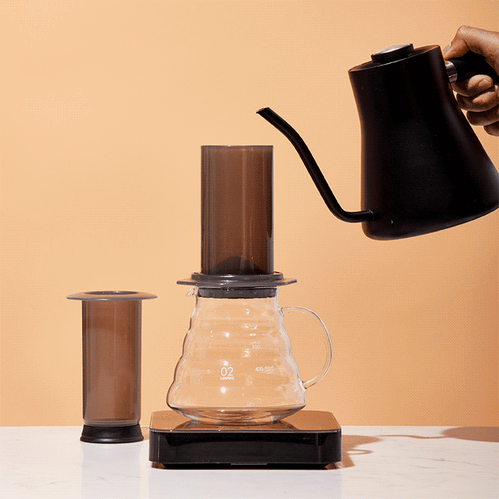 Water is poured over coffee in an Aeropress