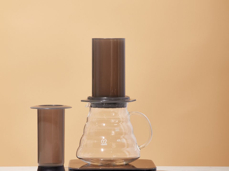 Aeropress sits atop a Hario range server and scale