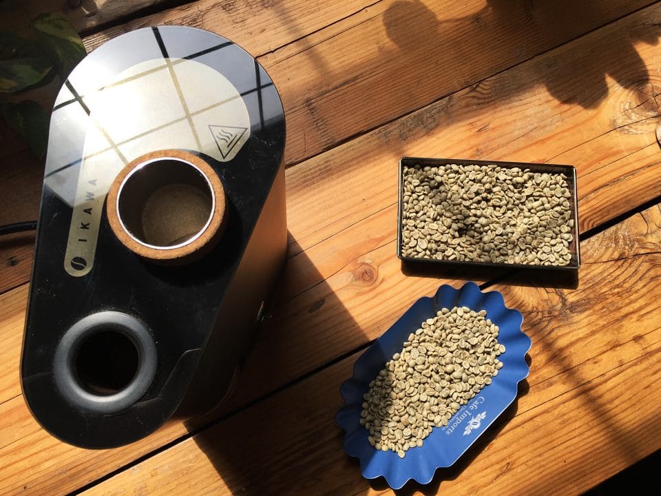 Ikawa roaster with green coffee beans