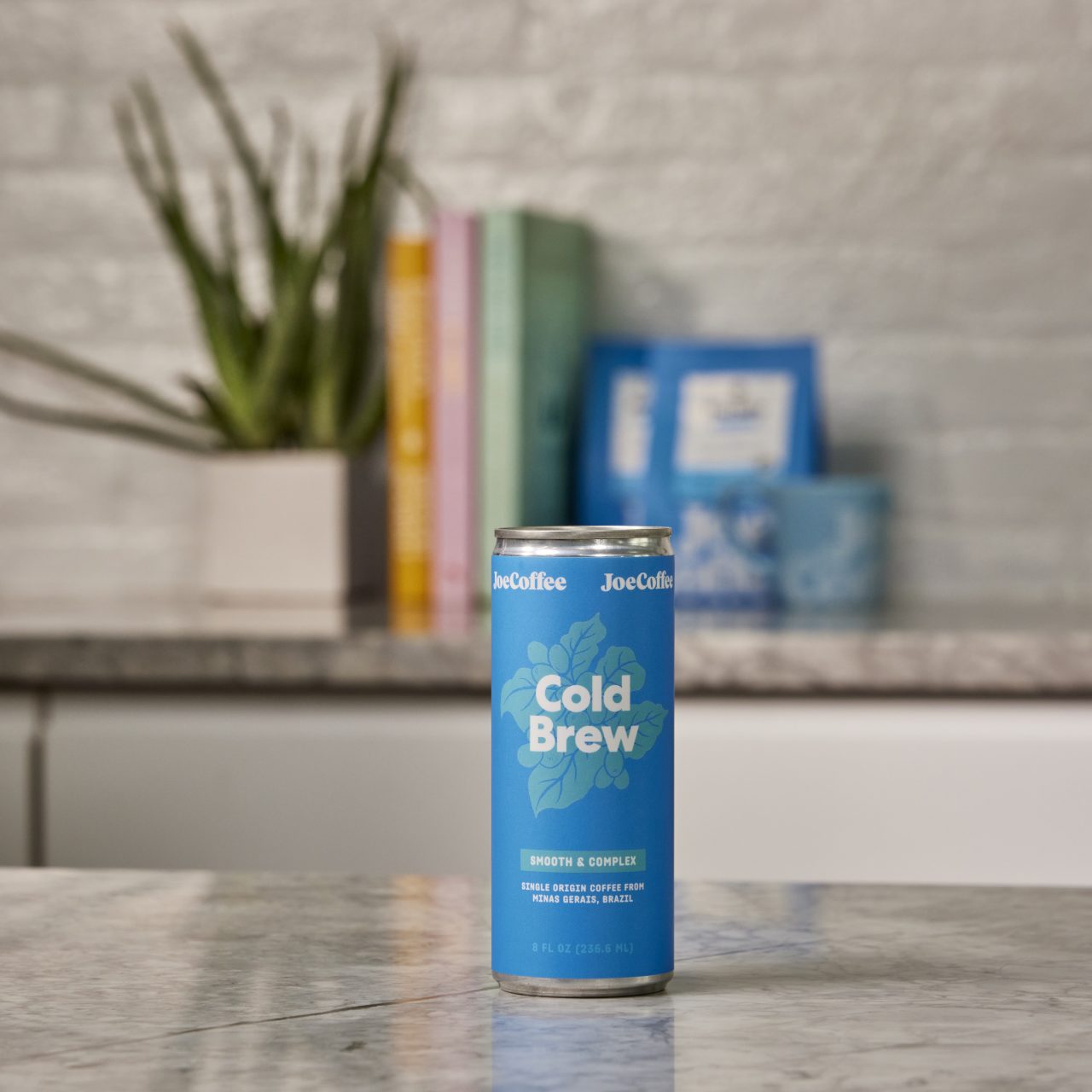 Cold brew can sitting on a kitchen counter